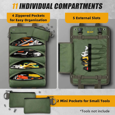 Heavy Duty Roll Up Tool Bag Portable Soft Tool Storage Foldable Organizer With Small Pockets Water Resistant PVC Coated Oxford For Mechanics Dads Home Garage Green showing open compartments with slots and zippered sections