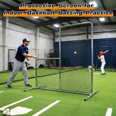L Screen Baseball Pitching Net 7 By 7 Feet Portable For Backyard Batting Cage Practice Ideal For Coaches Parents And Youth Training Baseball Friendly Family Setup in indoor use with coach and player