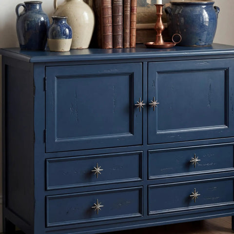 Antique blue cabinet with Six Unique Antique Silver Cast Iron Drawer Pulls And Cabinet Knobs With 8 Point Star Burst Design installed