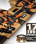 Heavy Duty Workhorse Tool Belt With Smart Magnetic Pocket Zone Fully Adjustable Waistband And Three Modular Detachable Pouches holding 17 compartments with tools.