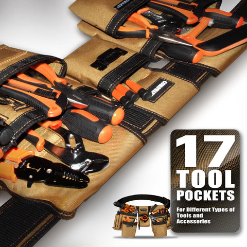 Heavy Duty Workhorse Tool Belt With Smart Magnetic Pocket Zone Fully Adjustable Waistband And Three Modular Detachable Pouches holding 17 compartments with tools.