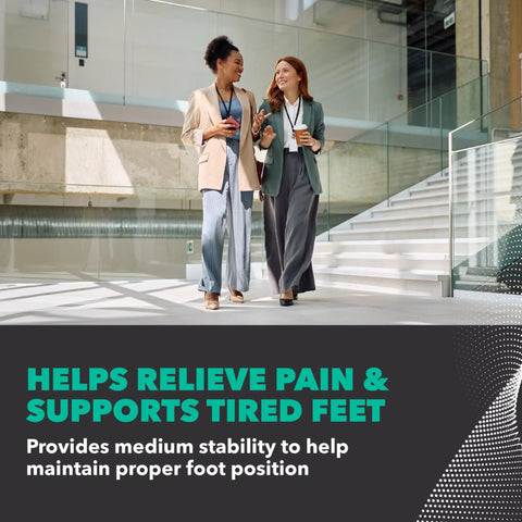 Two women walking on stairs with text overlay promoting Full Length Arch Cushion Insoles For Women Size 7-8.5 And Men 6-7.5 In Green.