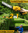 Pro Grade Cordless Pole Hedge Trimmer And Electric Grass Shear Kit For Backyard Bosses, 2-in-1 hedge and pole trimmer in use.