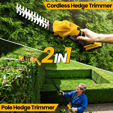 Pro Grade Cordless Pole Hedge Trimmer And Electric Grass Shear Kit For Backyard Bosses, 2-in-1 hedge and pole trimmer in use.