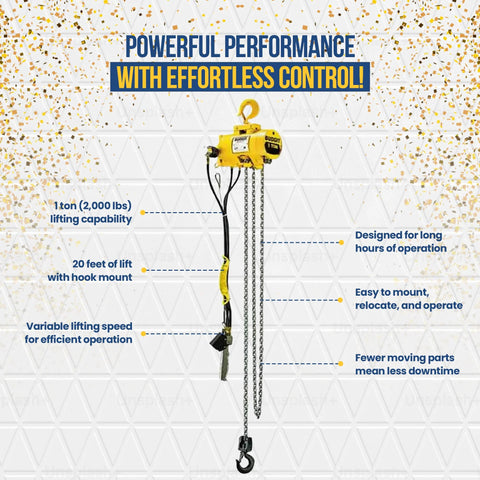Budgit 1 Ton heavy-duty air hoist with 20 ft lift and pendant control in yellow