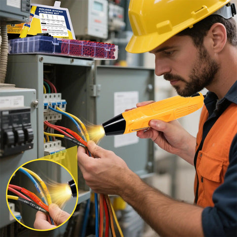 Technician using 620-Piece Solder Seal Wire Connectors And Heat Shrink Tubing Kit For Waterproof Marine And Automotive Wiring Projects.