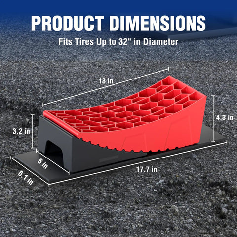 Heavy Duty Nine Piece Rv Leveling Blocks Kit Rated Eight Thousand Pounds For Camper And Travel Trailer Stabilizers dimensions showing 32 inch tire fit.