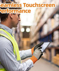 Man wearing Air Skin 21 Gauge Cut Resistant Work Gloves With Second Skin Comfort Breathable Seamless Knit Flexible Grip Touchscreen Compatible Refined Tasks Size Large 1 Pair while using a tablet in a warehouse.