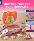 Unicorn Themed Rolling Sand Toy Suitcase with water play and molds on beach, featuring wheels and extendable handle.