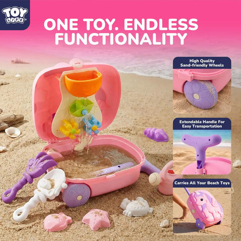 Unicorn Themed Rolling Sand Toy Suitcase with water play and molds on beach, featuring wheels and extendable handle.