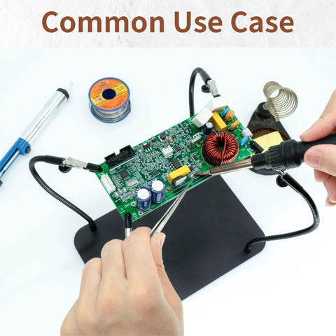 Upgraded Helping Hands Soldering Station With Four Flexible Arms Third Hand Soldering Tool holding a circuit board in use
