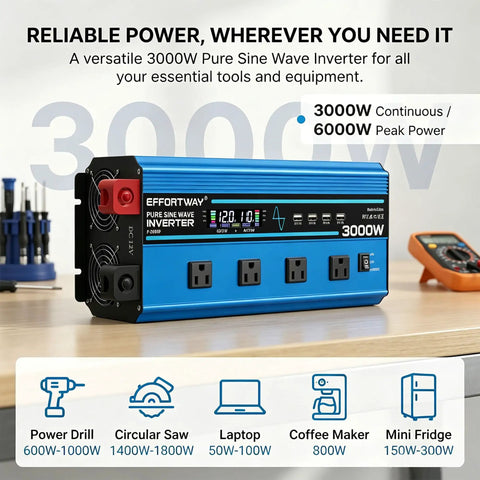 Straight Up 3000 Watt Pure Sine Wave Inverter Converts 12 Volts Dc To 110 Vac Naturally With Six Thousand Peak Surge LCD Panel