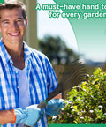 Gardener holding Two Piece Stainless Steel Hand Rake Set For Gardening, Handy Tiller And Small Garden Rake With Short Handles