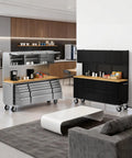 72 Inch Tool Cabinet Chest With 15 Drawers And 3 Upper Cabinets In Black Stainless Steel Mobile Rolling Workbench With Lockable Storage For Garage Workshop Beefy Tool Box Two Pack in modern room setting