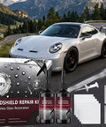 Windshield Crack Repair Kit For Cars With Nano Glass Repair Liquid 5 Minute Quick Fix 2 Bottles Fix Bullseye And Star Cracks All Crack Types Easy DIY Repair For All Vehicles At Home with sports car and mountains.