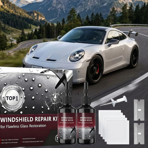 Windshield Crack Repair Kit For Cars With Nano Glass Repair Liquid 5 Minute Quick Fix 2 Bottles Fix Bullseye And Star Cracks All Crack Types Easy DIY Repair For All Vehicles At Home with sports car and mountains.