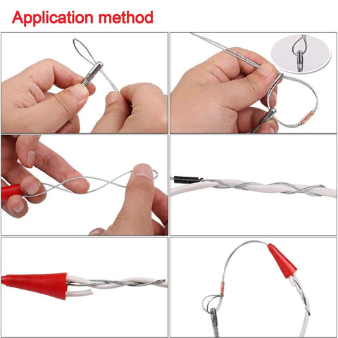 Application method for 128 Ft Fish Tape Wire Puller For Wall And Ceiling Wiring With Fastener, showing use with wire connections.