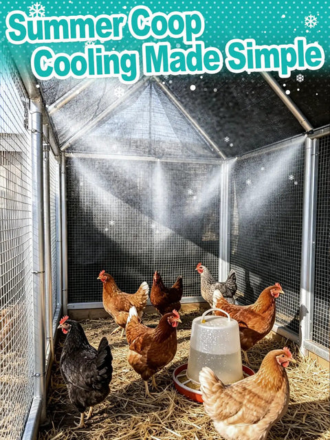 Effortless Chicken Coop Misting System For Cooling with leak-resistant hose, mist spraying on chickens in coop for summer relief