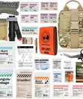 IFAK Trauma Kit With CAT Tourniquet And Israeli Bandage Wound Care Essentials In MOLLE Pouch, medical supplies, first aid items visible