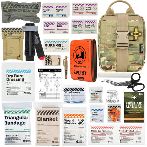 IFAK Trauma Kit With CAT Tourniquet And Israeli Bandage Wound Care Essentials In MOLLE Pouch, medical supplies, first aid items visible