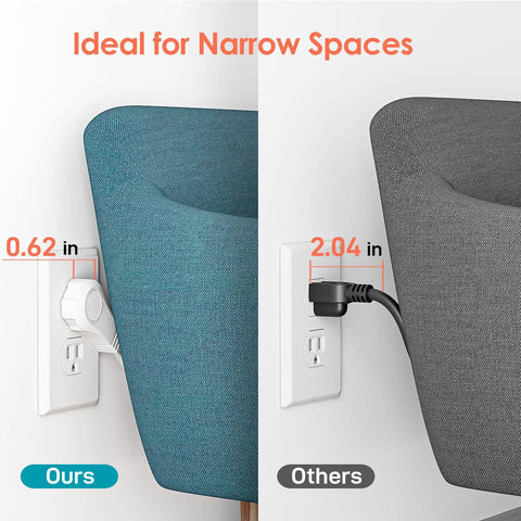 Comparison of 25 Foot Flat Plug Extension Cord with other plug, showing space-saving benefits behind furniture.