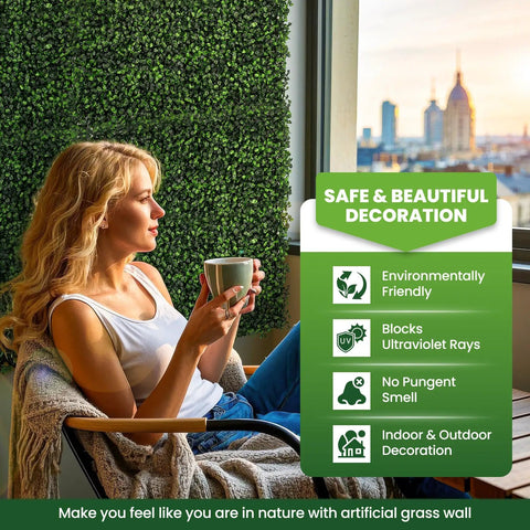 Boxwood Hedge Wall Panels 12 Pack 10x10 Inches Faux Greenery Privacy Screen used indoors by a window, woman enjoying coffee.
