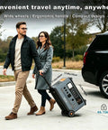 Heavy Solar Generator Portable Power Station on wheels being pulled by a couple, showcasing ergonomic design and portability.