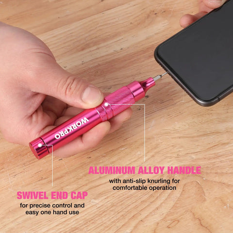 Pretty Dang Useful 24 Piece Mini Screwdriver Set With Slick Magnetic Bits And Precision Driver Options In Pink, showing aluminum handle and swivel end cap for phone repairs.