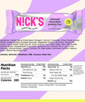 Almond chocolate protein bar wrapper with ingredients and nutritional facts visible on a purple abstract background.