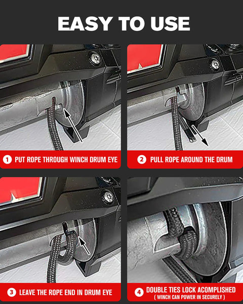 Installation steps for synthetic winch rope with protective sleeve on a drum for off-road vehicles 26500 lbs tensile strength