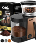 Premium Electric Flat Burr Coffee Grinder Featuring Adjustable Burrs And An Upgraded Quiet Motor For Legit Home Brewers 55 Ounce Copper Hopper with ground coffee.