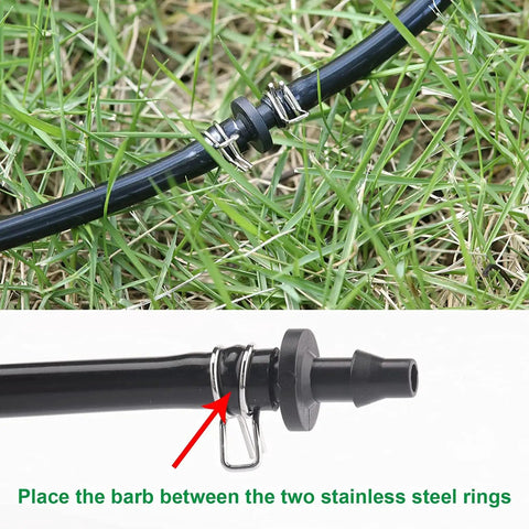Beefy Spring Hose Clamp Kit 5 to 14mm Stainless Steel Double Wire Spring Clips securing black hose in grass.