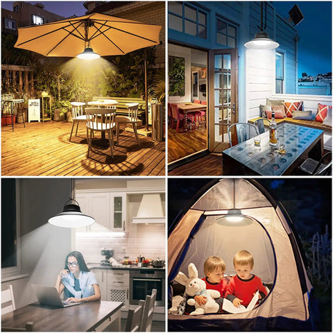 Solar Pendant Light With Motion Sensor And Remote Outdoor Indoor Dimmable LED illuminating patio, porch, kitchen, and tent