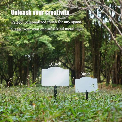 8 Inch Sublimation Yard Sign Blanks Stakes 5 Pack Aluminum Double Sided Printable Garden Ground Signs in lush forest setting