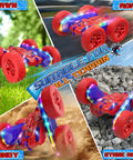 Spider Themed RC Car For Kids 4-8, 2.4GHz remote control with 26 LED lights on grass, sand, road, and stone terrain