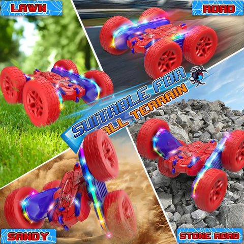 Spider Themed RC Car For Kids 4-8, 2.4GHz remote control with 26 LED lights on grass, sand, road, and stone terrain