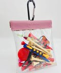 Golf Tee Pouch Organizer With Clip And Transparent Squeeze Top Pocket, Water Resistant PU Leather For Tees, Markers, Divot Tools And Valuables, Includes 15 Bamboo Tees Pink
