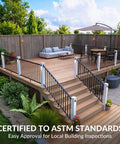 Rock Solid Aluminum Porch And Deck Railing Kit With 6 Foot Span And 36 Inch Height ASTM certified railing on a modern balcony.