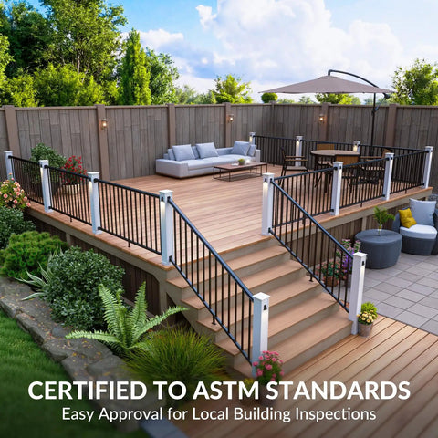 Rock Solid Aluminum Porch And Deck Railing Kit With 6 Foot Span And 36 Inch Height ASTM certified railing on a modern balcony.