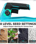 Cordless Power Seed Spreader Handheld With Dual 20V Batteries showing 8 level seed settings dial