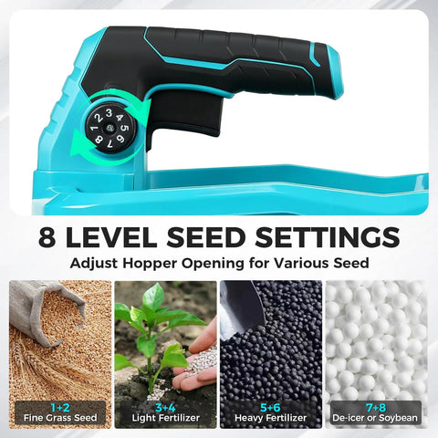 Cordless Power Seed Spreader Handheld With Dual 20V Batteries showing 8 level seed settings dial