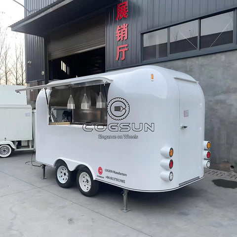 Heavy Duty Polished Mirror Food Trailer With Foldout Awning Fully Customizable Layout, sleek white exterior and kitchen window