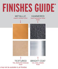 Finishes guide showcasing various spray paint finishes including textured, metallic, hammered, and bright coat options.
