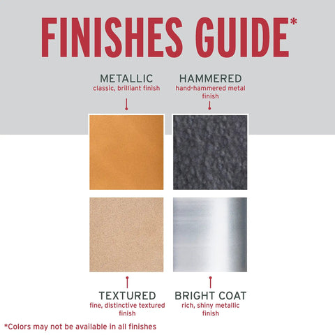 Finishes guide featuring metallic, hammered, textured, and bright coat options for Badass Hammered Spray Paint In Sleek Dark Bronze.