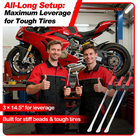 Two mechanics holding 14.5 inch tire irons from Beefy 38 Piece Tire Spoons Tool Set For Motorcycles Dirt Bikes Lawn Mowers