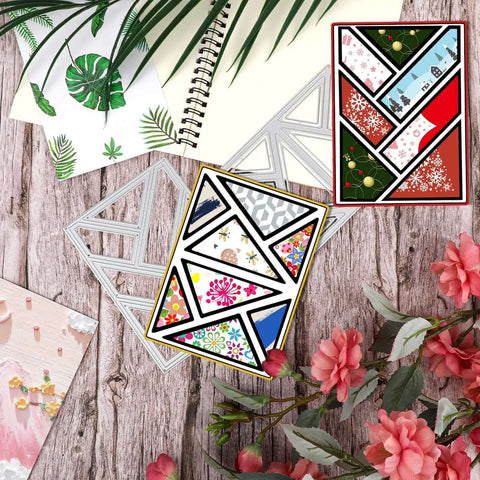 Geometric Die Cuts For Card Making And Scrapbooking Background Dies With Hollow Frame For Rectangle And Triangle Designs Durable Carbon Steel Metal Die Cuts For DIY Craft Embossing And Paper Album Decor on a wooden table with floral elements.
