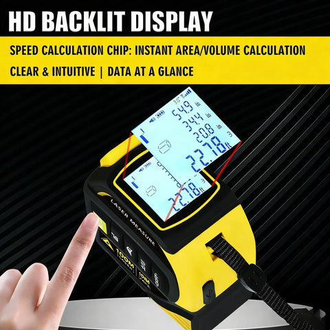 Straight Up Heavy Duty 4 In 1 Laser Tape Measure Boasting 328 Foot Range And 16 Foot Steel Backup with HD backlit display and user controls.