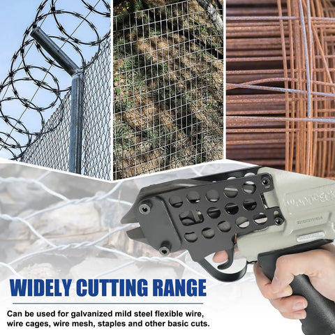 Heavy Duty Pneumatic Cutting Nipper Built Tough With Aluminum Housing And Forged Alloy Steel Blades For Faster Wire Snipping and Zero Sweat Operation On Active Job Sites Always showing various wire types.