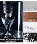 Close-up of Built Tough Step Drill Bit Set with fifteen progressive steps from one quarter inch to two and one half inches M35 HSS cobalt TiAlN coating in use on metal, wood, plastic, and fiberglass.