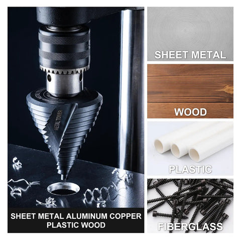 Close-up of Built Tough Step Drill Bit Set with fifteen progressive steps from one quarter inch to two and one half inches M35 HSS cobalt TiAlN coating in use on metal, wood, plastic, and fiberglass.